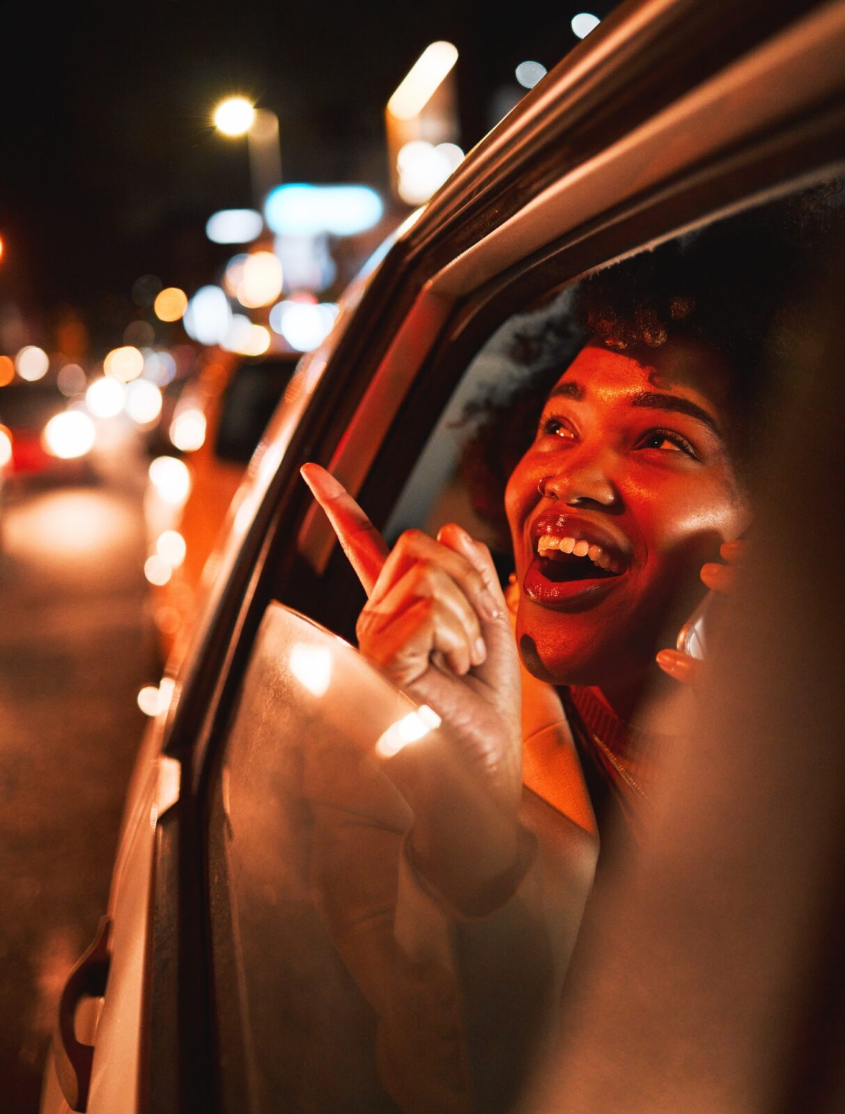 Happy black woman, phone call and travel at night in city taxi, communication or networking. Excite